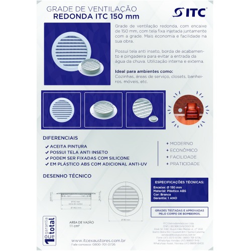 Grade de ventila��o pl�stica para duto de 150 mm