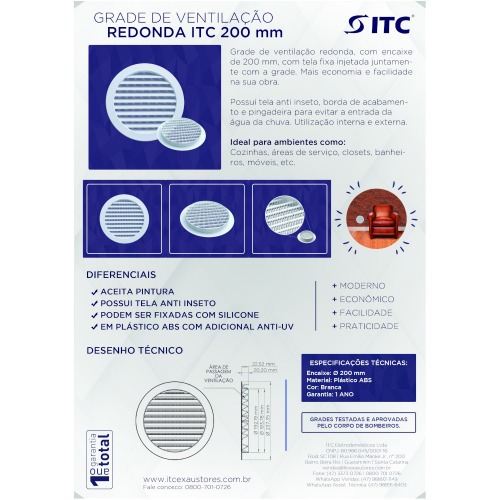 Grade de ventila��o pl�stica para duto de 200 mm - GR200