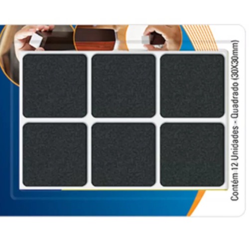 Feltro protetor adesivo quadrado 30 mm preto com 12 unidades