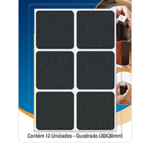 Feltro protetor adesivo quadrado 30 mm preto com 12 unidades