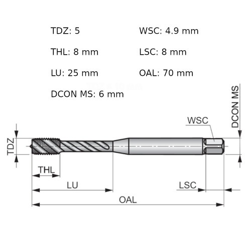 Macho m�quina a�o r�pido canal helicoidal M5 x 0,8 mm DIN 371 - EX00M5