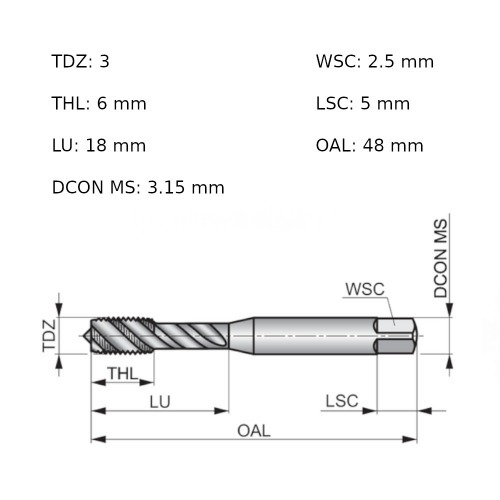 Macho m�quina a�o r�pido canal helicoidal M3 x 0,5 mm E557M3