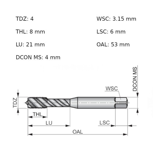 Macho m�quina a�o r�pido canal helicoidal M4 x 0,7 mm E557M4