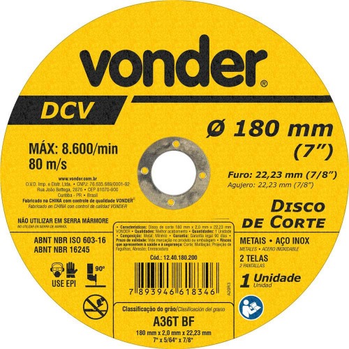 Disco de corte 180 x 2,0 x 22,23 mm DCV Disco de corte 180 x 2,0 x 22,23 mm DCV