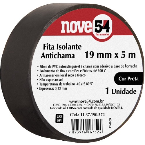 Fita isolante antichama preta 19 mm x 5 m