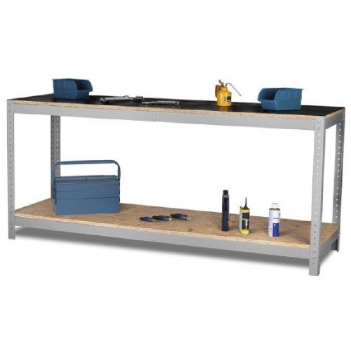 Bancada desmontável com 1 prateleira e tampo em madeira osb - BM-O Bancada desmontável com 1 prateleira e tampo em madeira osb - BM-O