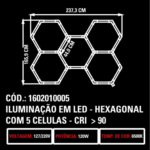 Lumin�ria colm�ia hexagonal em Led com 5 c�lulas - CRI>90  110V/220V