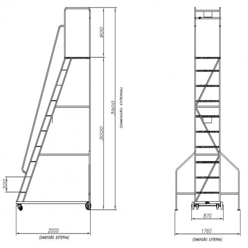 Escada plataforma de ferro 3,0 m 9 degraus + patamar - 58-C