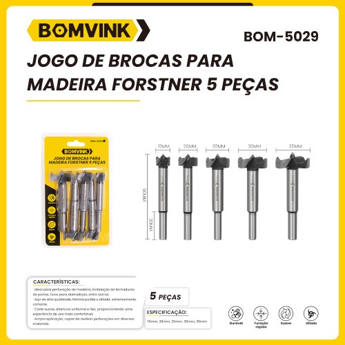 Jogo de broca forstner para madeira 15 a 35 mm com 5 peças - BOM-5029 Jogo de broca forstner para madeira 15 a 35 mm com 5 peças - BOM-5029