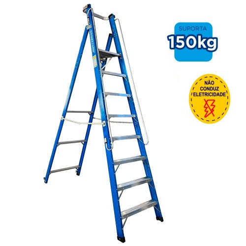 Escada plataforma fibra de vidro 7 degraus 2,4 m com rodas e corrim�o - PAF240