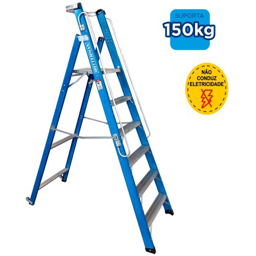 Escada plataforma fibra de vidro 5 degraus 1,80 m com rodas e corrim�o - PAF180