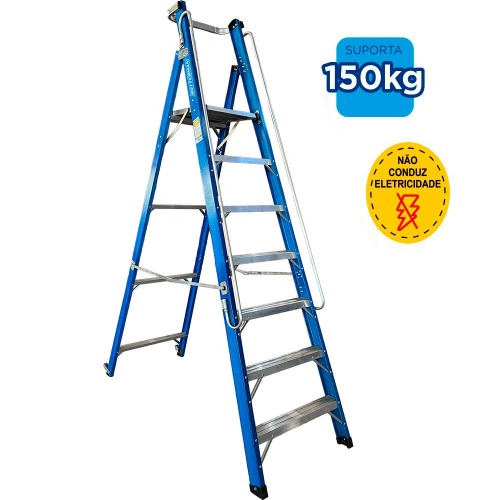 Escada plataforma fibra de vidro 6 degraus 2,1 m com rodas e corrim�o - PAF210
