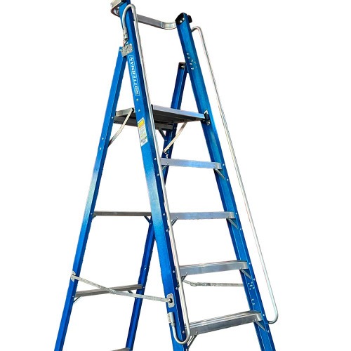 Escada plataforma fibra de vidro 6 degraus 2,1 m com rodas e corrim�o - PAF210