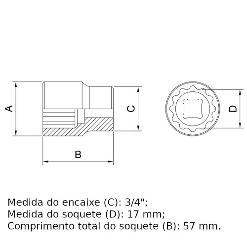 Soquete estriado 17 mm encaixe 3/4