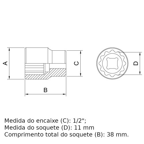 Soquete estriado 11 mm encaixe 1/2 Soquete estriado 11 mm encaixe 1/2