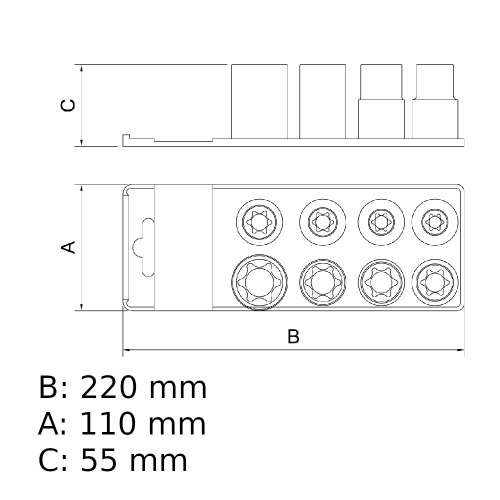 Jogo de chave soquete hexalobular f�mea e-10 a e-18 encaixe 1/2