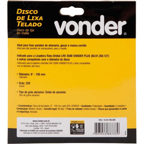 Disco de lixa telado 150 mm gr�o 220 com 5 pe�as