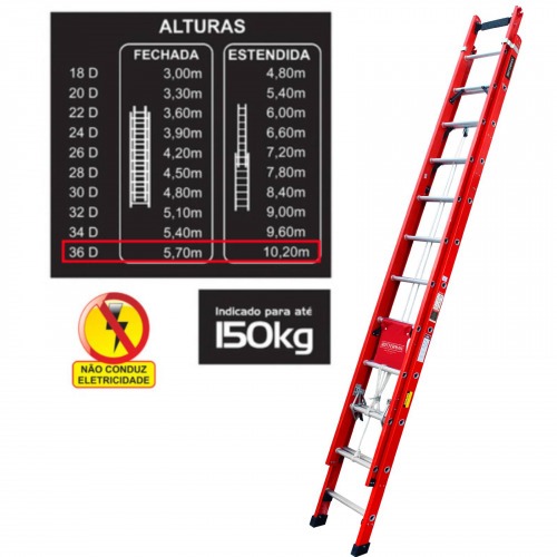 Escada de fibra de vidro extens�vel 5,70 x 10,20 m 36 degraus - EFR9936