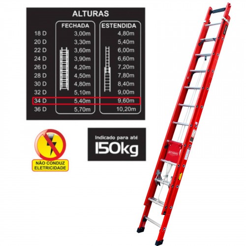 Escada de fibra de vidro extens�vel 5,40 x 9,60 m 34 degraus - EFR9935