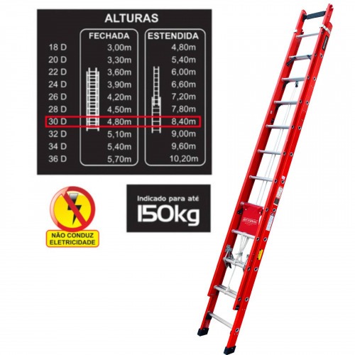 Escada de fibra de vidro extens�vel 4,80 x 8,40 m 30 degraus - EFR9933