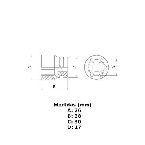 Soquete sextavado de impacto 17 mm encaixe 1/2