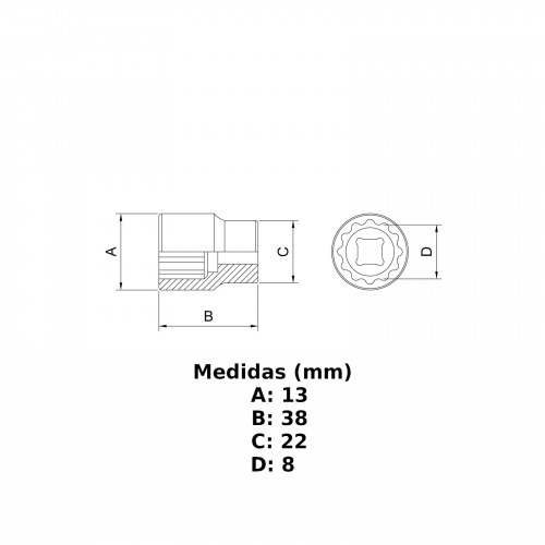 Soquete sextavado 8 mm encaixe 1/2