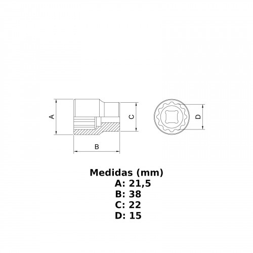 Soquete sextavado 15 mm encaixe 1/2 Soquete sextavado 15 mm encaixe 1/2