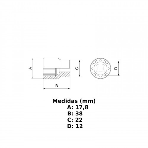 Soquete sextavado 12 mm encaixe 1/2