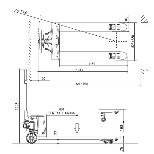 Transpalete hidr�ulico a�o inox 2.500 kg 680 mm com rodas duplas de nylon - TM2500IC