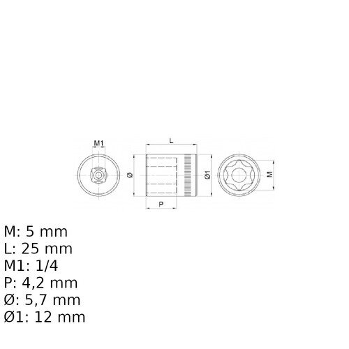 Soquete hexalobular E5 encaixe 1/4