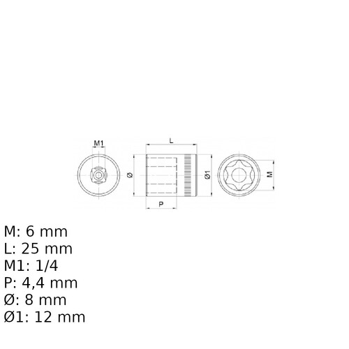 Soquete hexalobular E6 encaixe 1/4