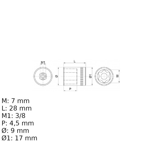 Soquete hexalobular E7 encaixe 3/8