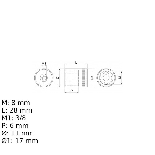 Soquete hexalobular E8 encaixe 3/8