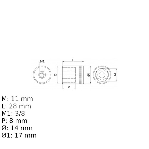 Soquete hexalobular E11 encaixe 3/8