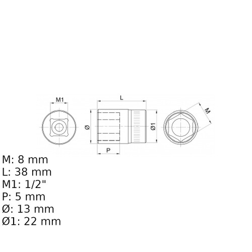 Soquete sextavado 8 mm encaixe 1/2