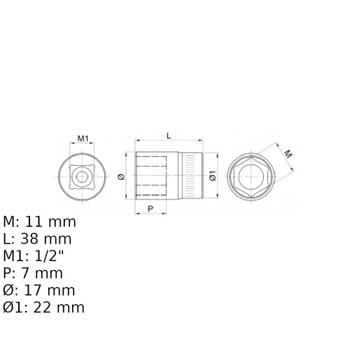 Soquete sextavado 11 mm encaixe 1/2