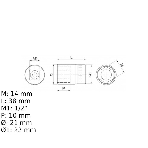 Soquete sextavado 14 mm encaixe 1/2