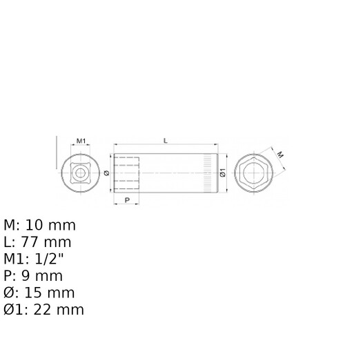 Soquete sextavado longo 10 mm encaixe 1/2
