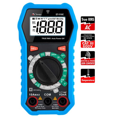Mult�metro digital port�til 600V CAT III True RMS AC Live/NVC - ET-1110C