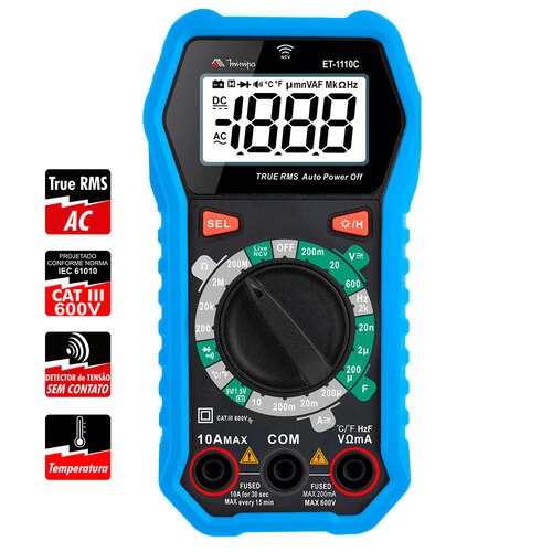 Mult�metro digital port�til 600V CAT III True RMS AC Live/NVC - ET-1110C