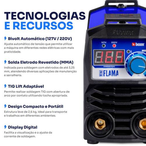 Inversora de solda 160A para Eletrodo revestido e Tig monofásica - Mini Flama 110V/220V Inversora de solda 160A para Eletrodo revestido e Tig monofásica - Mini Flama 110V/220V