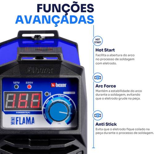 Inversora de solda 160A para Eletrodo revestido e Tig monofásica - Mini Flama 110V/220V Inversora de solda 160A para Eletrodo revestido e Tig monofásica - Mini Flama 110V/220V