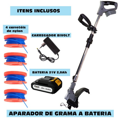 Aparador de grama a bateria 21V com 4 carreteis de nylon 30251 - RZ-AGB21  110V/220V