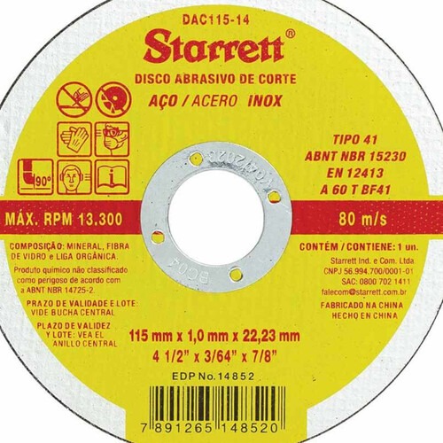Disco de corte para metal e inox 115 x 1 x 22,2 mm Disco de corte para metal e inox 115 x 1 x 22,2 mm