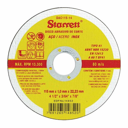 Disco de corte para metal e inox 115 x 1 x 22,2 mm Disco de corte para metal e inox 115 x 1 x 22,2 mm