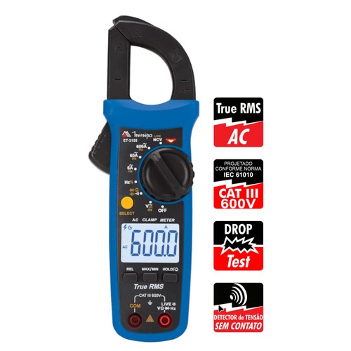 Alicate amper�metro digital CAT III 600V True RMS - ET-3155