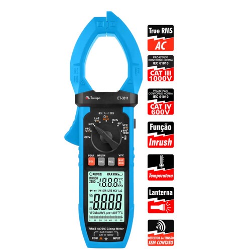 Alicate amper�metro digital 1000A True RMS AC CAT III 1000V - ET-3811