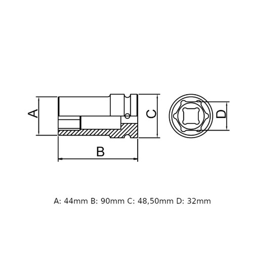Soquete de impacto sextavado longo 32 mm encaixe 3/4