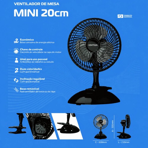 Ventilador de mesa mini 20 cm 2 velocidades - Black  110V