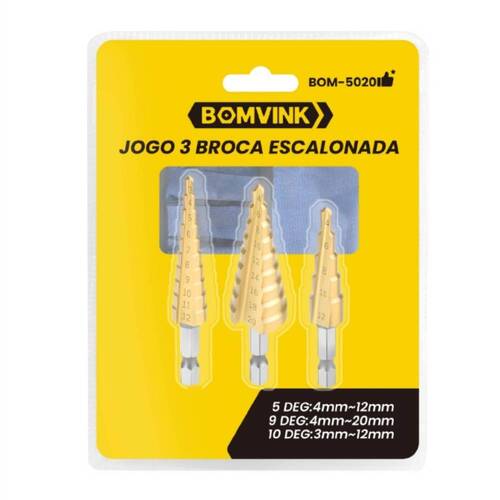Jogo de brocas escalonadas 3 a 20 mm 3 peças - BOM-5020 Jogo de brocas escalonadas 3 a 20 mm 3 peças - BOM-5020